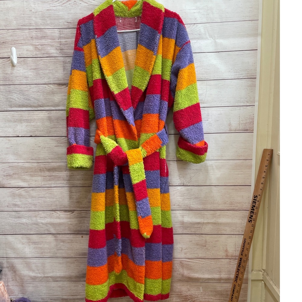VINTAGE THICK TERYCLOTH LONG ROBE IN MULTICOLORED STRIPES